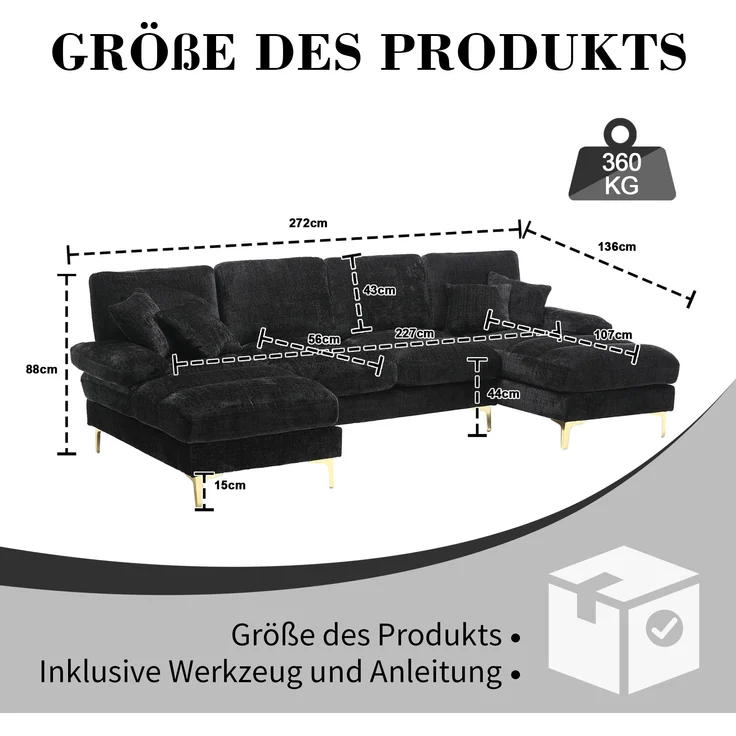 LVHOM Loungesofa 272x136x88 cm, 4-6 Personen, 6-Sitzer Chenille U-Shape Sektionssofa/Modulares Sofaset/Schlafsofa/Ecksofa/Relaxliege – Bild 2