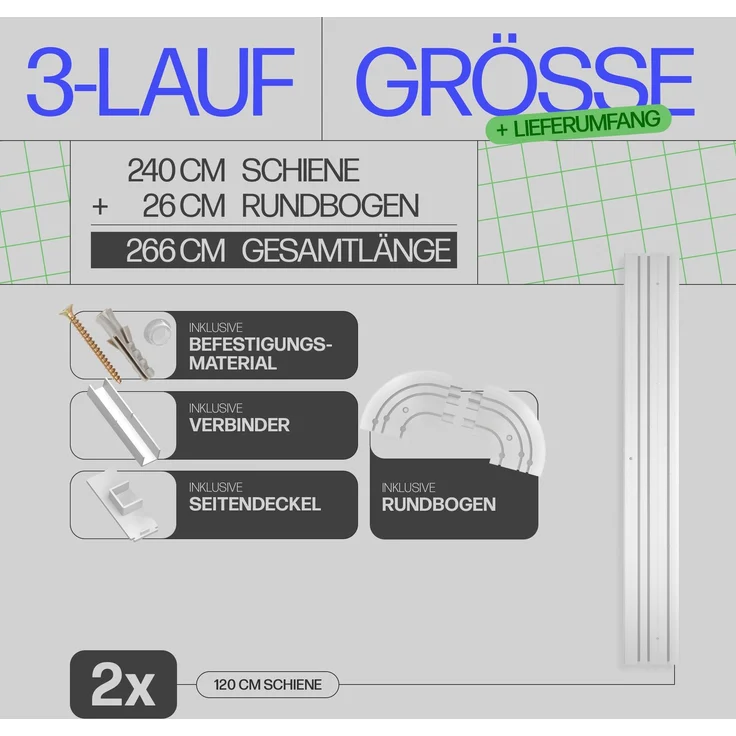 Bestlivings Gardinenschiene ( Weiß ) 240cm (2x120 cm) 3-läufig + 2er Set Rundbogen – Bild 3
