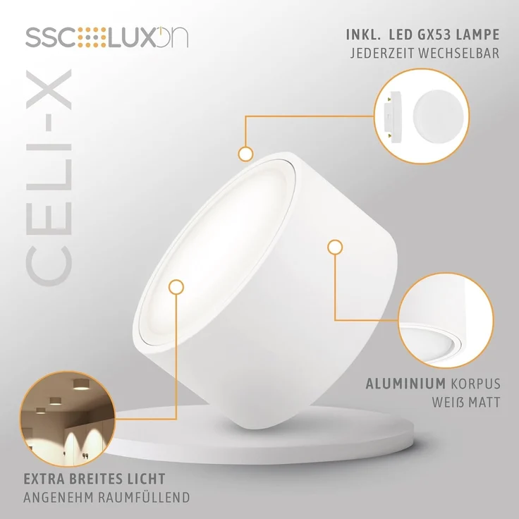 SSC-LUXon LED Aufbaustrahler Flache Aufbauleuchte CELI-X mit LED GX53 5W neutralweiss Spot rund, Neutralweiß – Bild 3