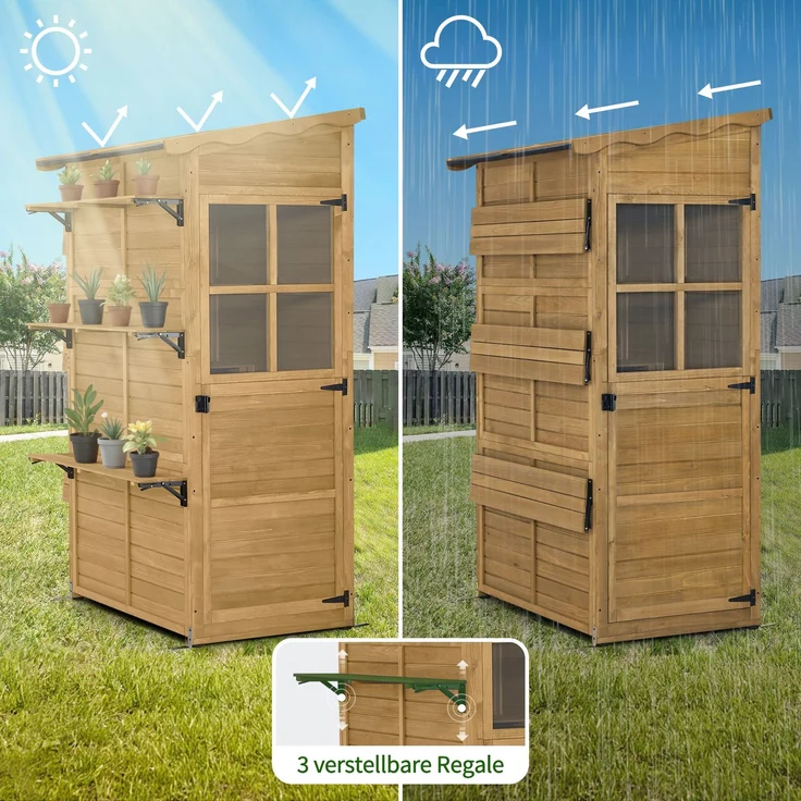 M MCombo Gartenschrank Gartenhaus Holz Wetterfest, Outdoor Schrank Wetterfest, Geräteschuppen Begehbar, für Außenbereich Balkon & Terrasse, Gerätehaus mit 3 feste Regale, 120×86×201 cm, 1753 (Natur) – Bild 5
