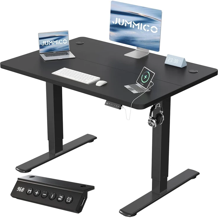 JUMMICO Schreibtisch elektrisch höhenverstellbar mit USB-Ladeanschluss, Schwarz, 80x60 cm