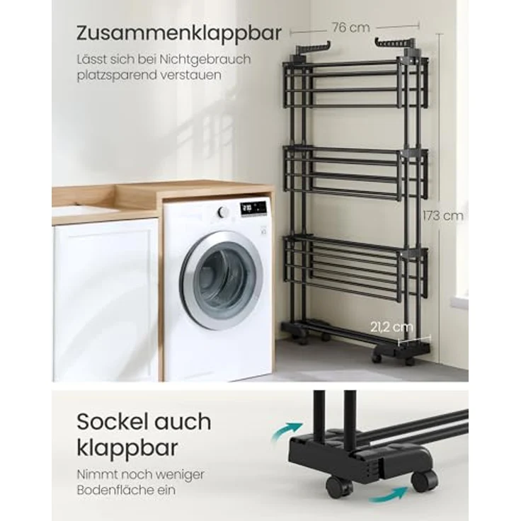 SONGMICS Wäscheständer, Standtrockner 4 Ebenen, Flügelwäscheständer, klappbare Flügel, mit Rollen, 63,5 x 125,5 x 173 cm, groß, einfacher Aufbau, tintenschwarz LLR703BZ02 – Bild 7