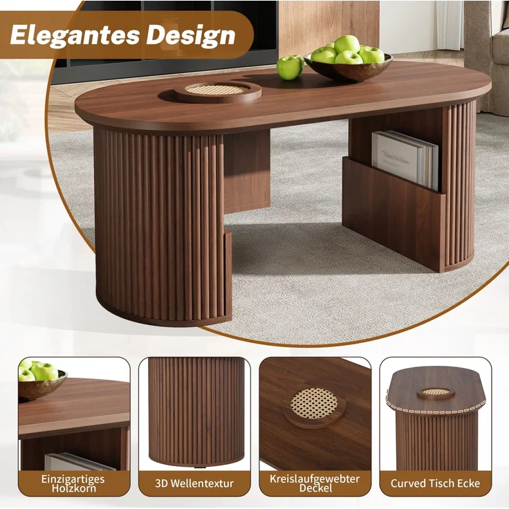 Ovaler Couchtisch aus MDF mit Ablagefächern, 105x50x46,5 cm, Walnuss – Bild 8