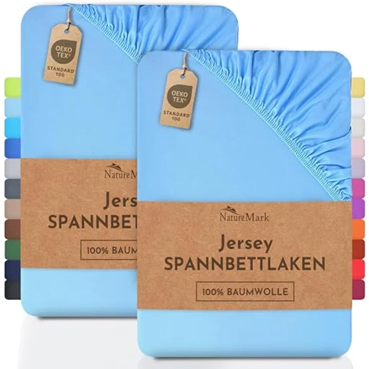 NatureMark 2er Pack Kinder JERSEY Spannbettlaken, Spannbetttuch 100% Baumwolle in vielen Größen und Farben MARKENQUALITÄT ÖKOTEX STANDARD 100 | 70x140 cm - hell blau – Bild 2