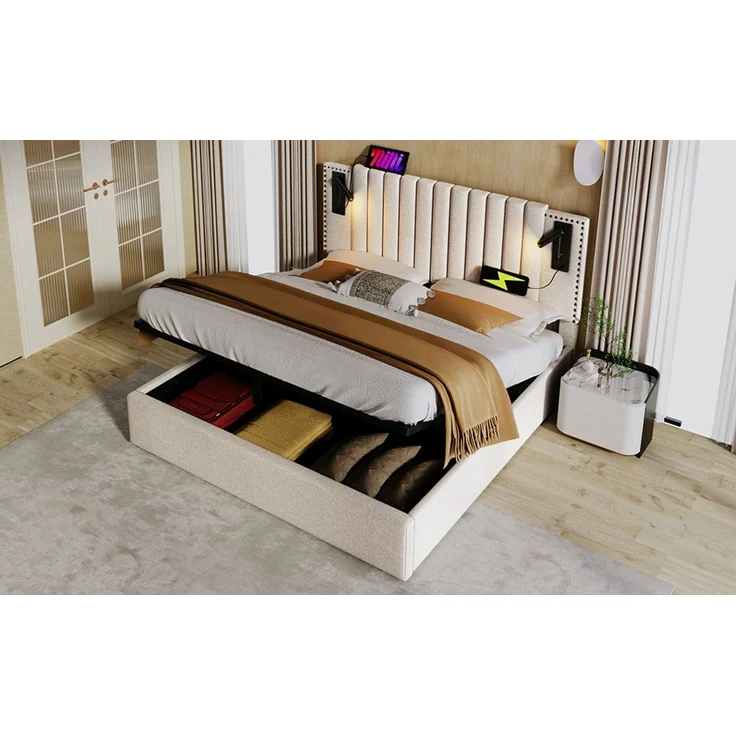 TavilaEcon Boxspringbett mit verstellbarem Kopfteil, Polsterbett Beige Liegefläche 160 × 200 cm – Bild 4