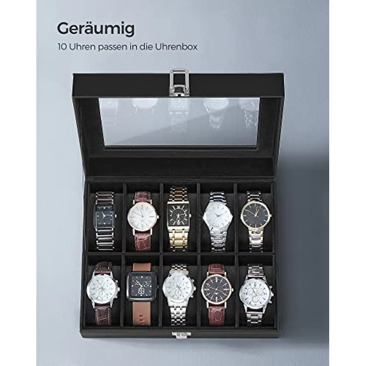 SONGMICS Uhrenbox mit 10 Fächern, Uhrenkasten, Glasdeckel, Uhrenkoffer, herausnehmbare Uhrenkissen, Metallverschluss, Geschenkidee, PU-Bezug in Schwarz, Innenfutter in Schwarz – Bild 5