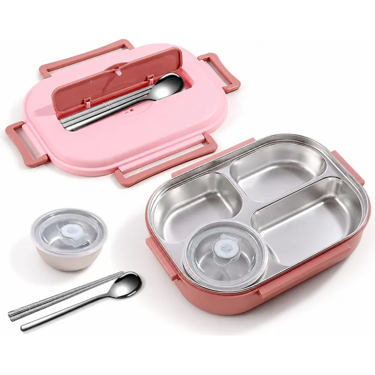 Lunchbox aus Edelstahl, 4 Fächer, 1500 ml, mit Besteck und Suppenschale, Rosa, 29 x 22 x 9 cm