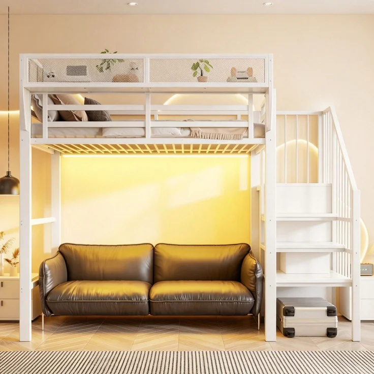 ZUBALIYA Hochbett 90 × 200 cm, Metall, LED-Beleuchtung, Leiter, Weiß – Bild 4