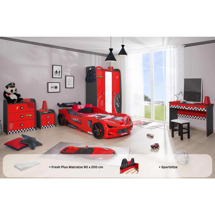 Kinderzimmer komplett Set mit Autobett Rio 5 teilig Rot