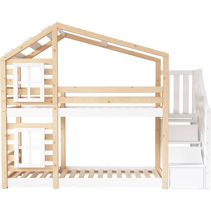Kinder-Etagenbett Massivholz, Baumhaus-Design mit Schubladentreppe, 90x200 cm, Natur & Weiß, ohne Matratze – Bild 7