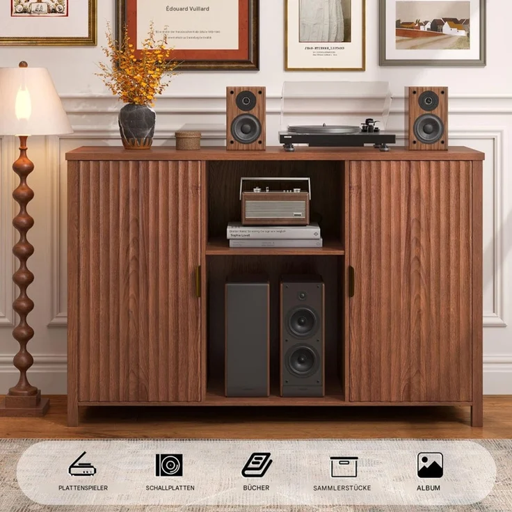 Sideboard Plattenspieler-Schrank 120x40x79 cm, Vinylregal mit Rillentüren und 16 Fächern, Braun – Bild 5
