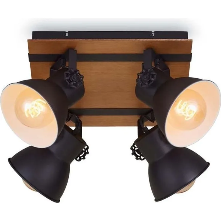 Briloner Leuchten Deckenlampe retro mit Holzbalken, 4-flammige Deckenleuchte vintage, E27 Fassung max. 40 Watt, verstellbare Lampenschirme, rustikaler Deckenspot, Schwarz-Weiß-Holz, 1 Stück (1er Pack)