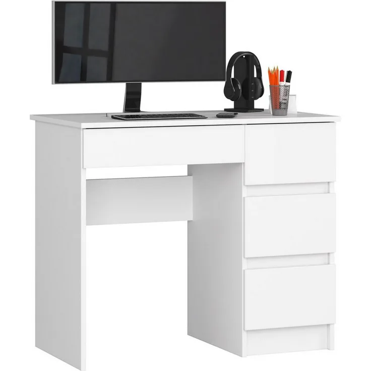 Raumhirsch Furniture Schreibtisch Kinder Computertisch, eleganter Schreibtisch mit 4 Schubkästen, rechte Kasten-Variante, weiß, 90 cm breit