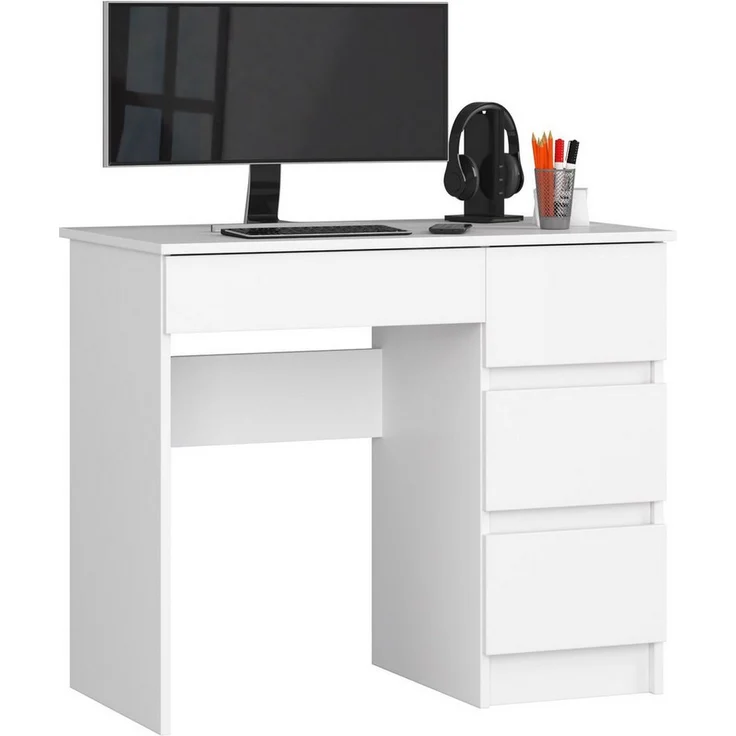 Raumhirsch Furniture Schreibtisch Kinder Computertisch, eleganter Schreibtisch mit 4 Schubkästen, rechte Kasten-Variante, weiß, 90 cm breit