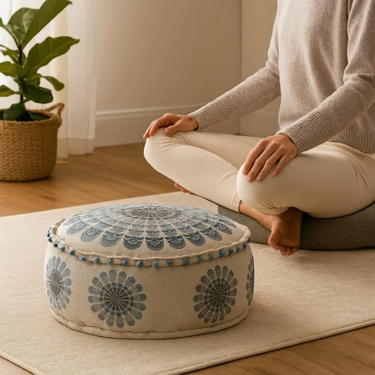 Marrakesch Orient & Mediterran Interior Pouf Pouf Garet Blau, runder Baumwoll-Sitzpouf bestickt 50x25 cm (1-St), Handarbeit – Bild 2