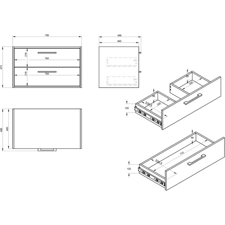 Badplaats Waschtischunterschrank Florence 80 x 46 cm – Kastanie Eiche – Hängender Unterschrank mit 2 Schubladen und schwarzen Griffen – Bild 4