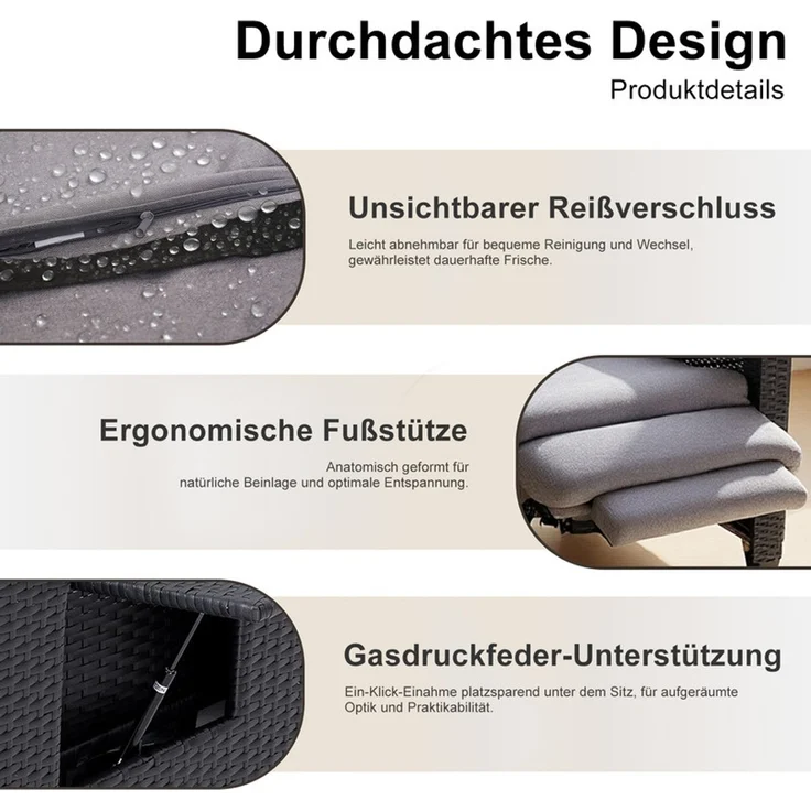 HOMAVO Gartensessel Rattansessel mit verstellbarer Rückenlehne, praktischem Ablagetisch, Maximale Belastung 200 kg, Legierung Stahlrahmen, wetterfest, mit Fußstütze, automatische Verstellung – Bild 8