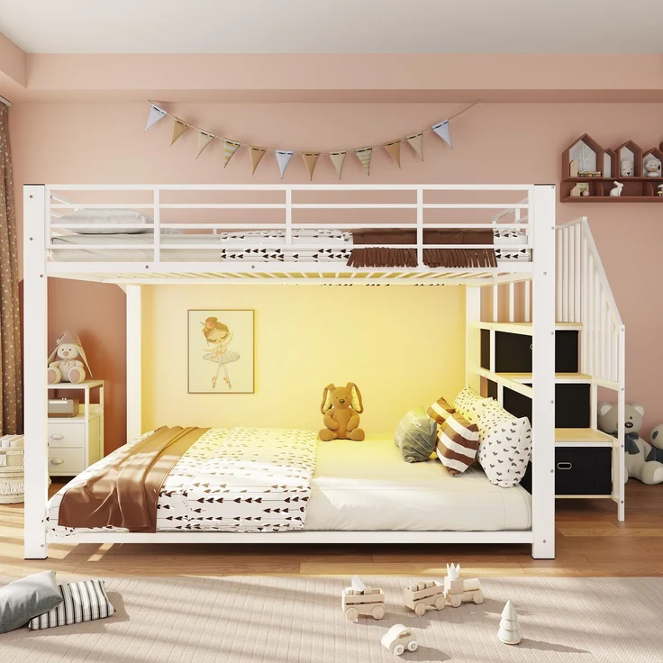 EINHOM Etagenbett 140x200 cm, Metall Doppelstockbett mit Treppe und Stauraum, LED-Licht und Steckdose, Etagenbett für Erwachsene mit links oder rechts montierbarer Treppe, Weiß (Ohne Matratze) – Bild 4