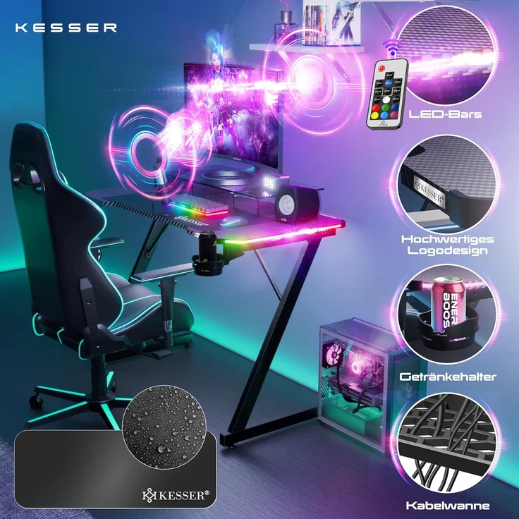 KESSER® Gaming Tisch LED | Z-Form Gamer Schreibtisch | Kopfhörerhaken & Kohlebeschichtung | Ergonomischer PC Computertisch | Stabiler Tisch mit Mauspad & Getränkehalter 120 x 60 cm, Schwarz Carbon mit LED – Bild 6