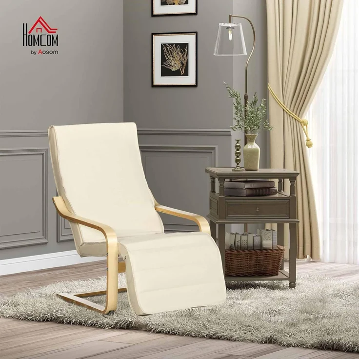 HOMCOM Relaxsessel mit Verstellbarem Fußteil, mit Leinenoptik (Esszimmerstuhl, 1-St, Schwingstuhl), für Wohnzimmer, Birkenholz, Cremeweiß 66,5 x 94 x 100cm – Bild 2