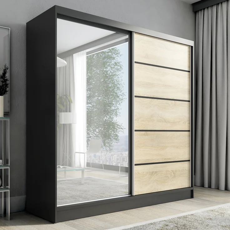 A&J MöbelLand Schwebetürenschrank NERO 2 200 cm mit Spiegel drei Schubladen – Bild 1