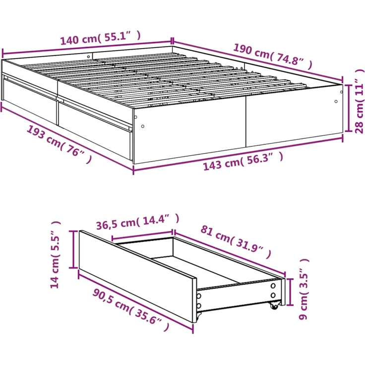 vidaXL Bettgestell mit Schubladen Sonoma-Eiche 140x190cm Holzwerkstoff 3280687 – Bild 11