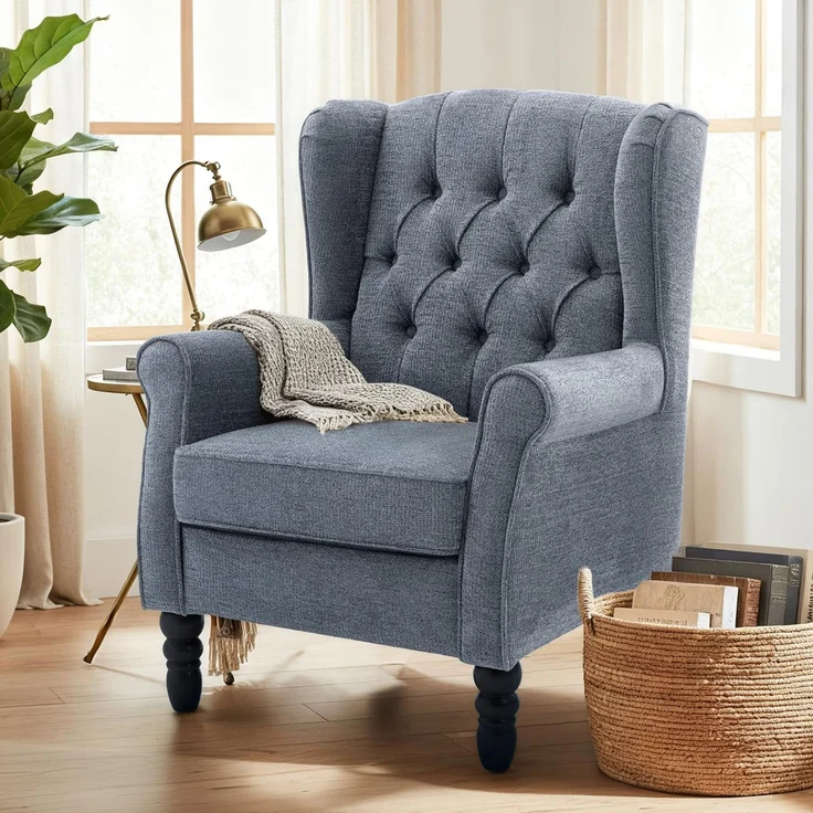 COLAMY Mid-Century Modern Sessel Wohnzimmer, Gepolsterter Wingback-Sessel mit Knopfsteppung, loungesessel Bezug aus Gewebe mit Massivholzbeinen für Wohnzimmer, Büro, Café - Blau