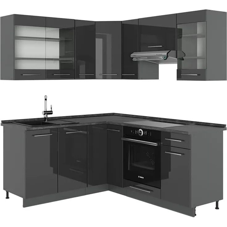 Eckküche Fame-Line Anthrazit Hochglanz 190 x 46 cm ohne Arbeitsplatte Vicco