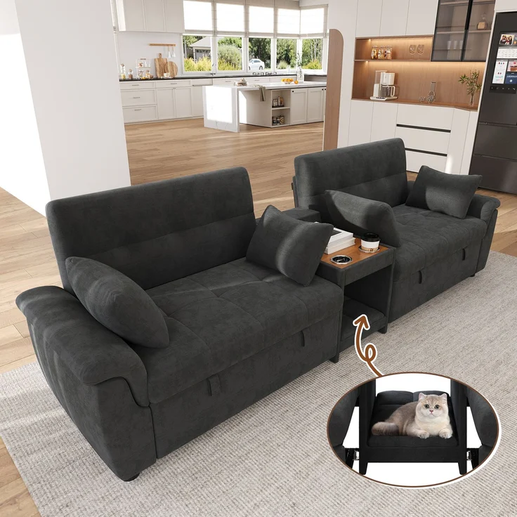 Merax U-förmiges Schlafsofa, ausziehbar, Doppel-Schlafauszug, verstellbare Rückenlehne, Haustierbereich, Couchtisch mit 2 Becherhaltern, 4 Kissen, Chenille, Dunkelgrau, 284×138×89 cm – Bild 5