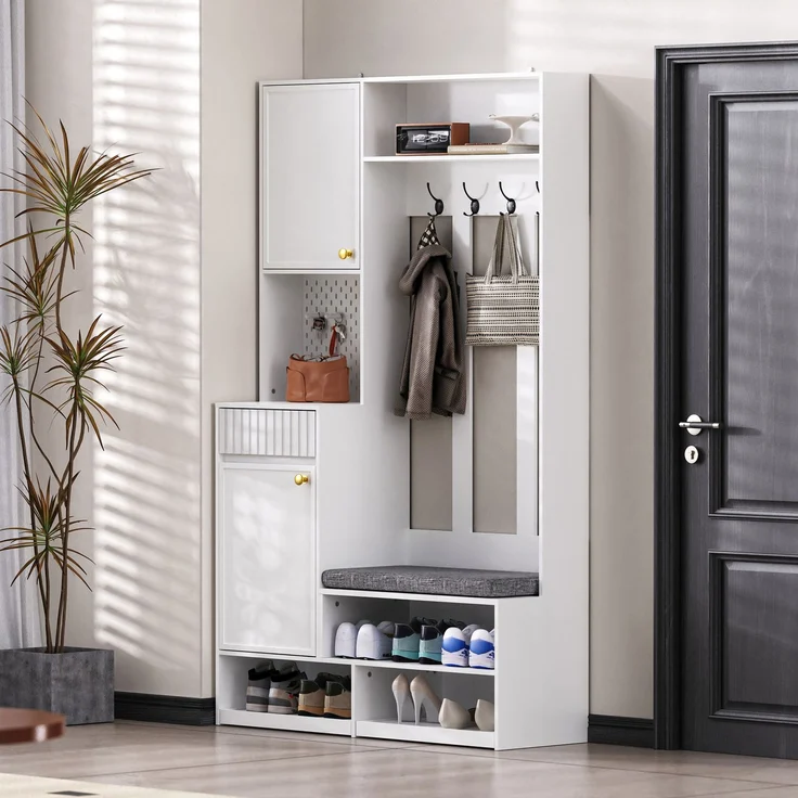 Garderobenset, Komplett-Set Flurgarderobe mit Sitzbank, 4 Haken, Türen & Schubladen - Weiß, Kompaktmaße 100×180×35 cm (B×H×T) – Bild 2