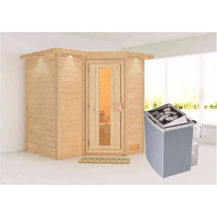 Karibu Sauna Sahib 1 mit Dachkranz + 9kW Saunaofen mit integr. Steuerung Energiespartür