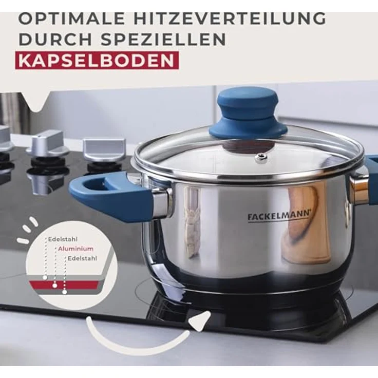 Fackelmann Kochtopf Essential Ø 16 cm, Edelstahl, mit ergonomischen Bakelit-Griffen, für alle Herdarten geeignet, mit Literskala, Blau – Bild 6