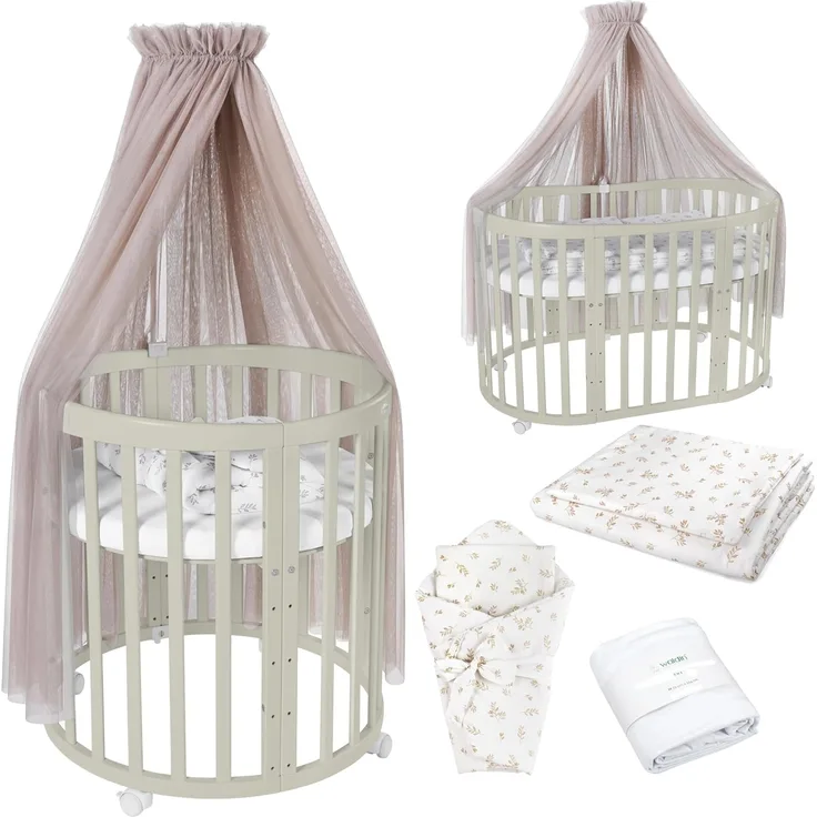 Waldin Babybett OWAL aus Holz 7in1 mit Matratze, mitwachsendes Kinder-Bett, belüftet, Boden 5-fach verstellbar, All-Inclusive-Set Holz olive, Stoffe Taupe Zweige