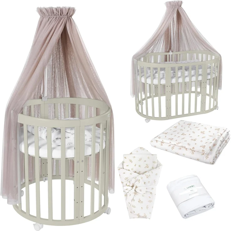 Waldin Babybett OWAL aus Holz 7in1 mit Matratze, mitwachsendes Kinder-Bett, belüftet, Boden 5-fach verstellbar, All-Inclusive-Set Holz olive, Stoffe Taupe Zweige – Bild 1
