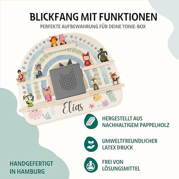 KIDSMOOD - Personalisiertes Tonie Regal für Kinderzimmer | Regenbogen Wand-Regal mit genügend Platz für Tonie-Hör-Figuren, Aussparung für Tonie-Musikbox & Kabelmanagement, Tonie Regal Mädchen & Jungen – Bild 6