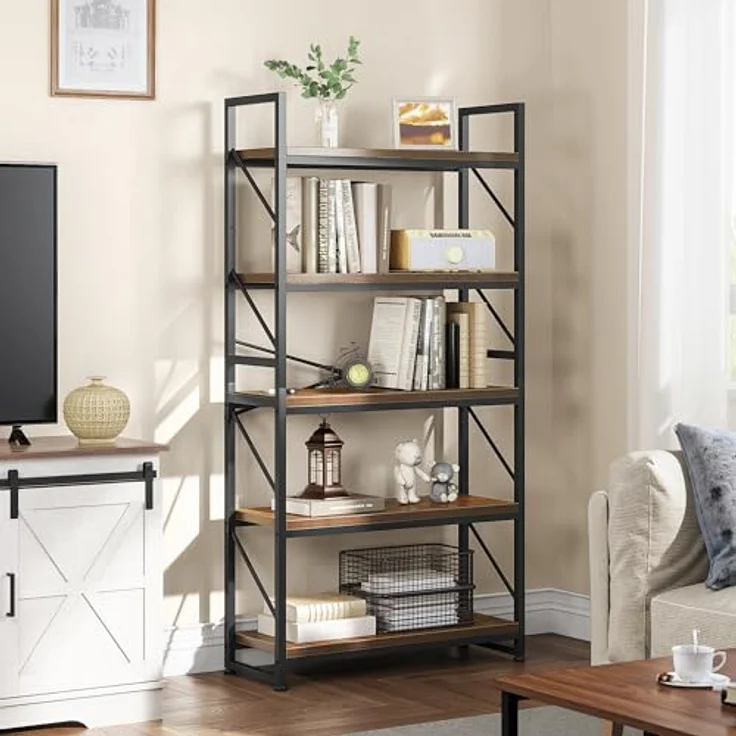 YITAHOME Bücherregal mit 5 Ebenen, industrielles Bücherregal, großes freistehendes Bücherregal, Holzregal und Metallrahmen, Regal, Präsentationsregal für Wohnzimmer, Heimbüro, rustikales braunes – Bild 2