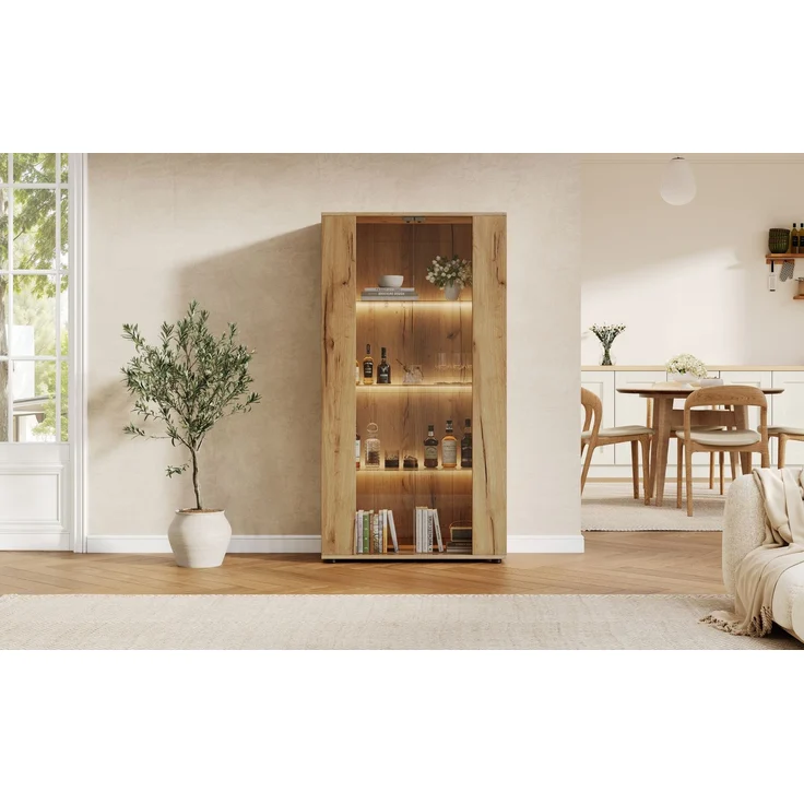 Merax Vitrinenschrank mit 2 Glastüren, 4 Ablageflächen und verstellbarer LED-Beleuchtung – modernes Design für Wohnzimmer, natur, 80×36×150.5cm – Bild 7