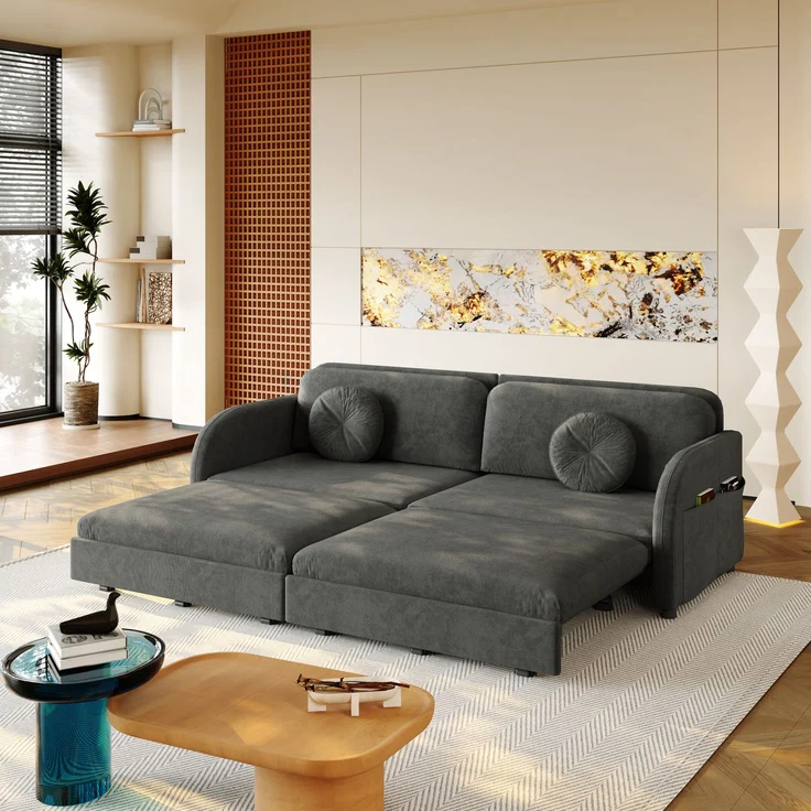 ZUBALIYA 206 cm King-Size ausziehbares 3-Sitzer-Sofa, 3-in-1 Schlafsofa, mit losen Kissen und Stautaschen an beiden Seiten, Chenille-Sofa mit Schlaffunktion, Grau, H 89 × T 205 × B 84 cm – Bild 4