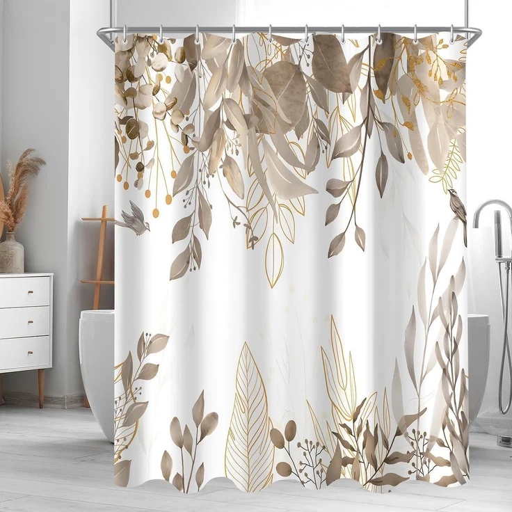 Duschvorhang 180x200cm Grau Herbstblätter Wasserabweisend Polyester Ösen 12 – Bild 8