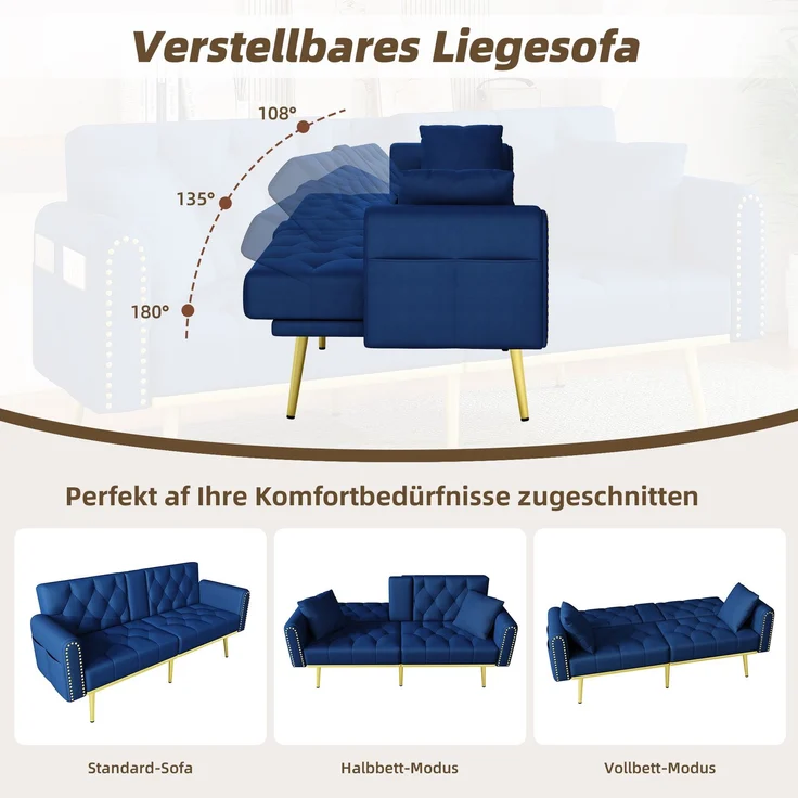 ZUBALIYA Schlafsofa 80x73.5 cm, mit LED - Beleuchtung, mit Stauraum, mit Samtbezug, mit breiten Armlehnen, Gold – Bild 4