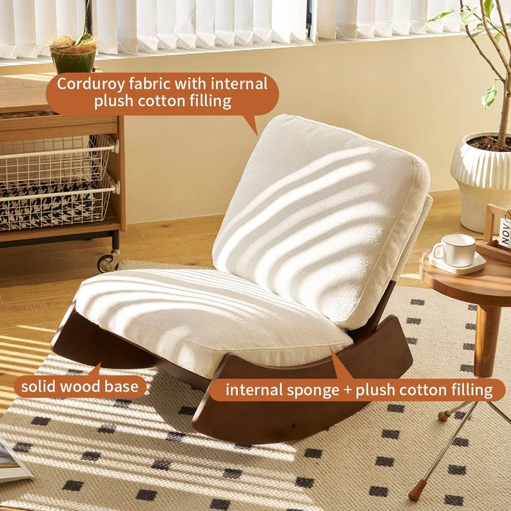 LVHOM Schaukelstuhl mit Massivholz-Gestell, ergonomischer Relaxsessel für Wohnzimmer, Schlafzimmer & Arbeitszimmer, Skandinavisches Design, Chenille, Weiß – Bild 3