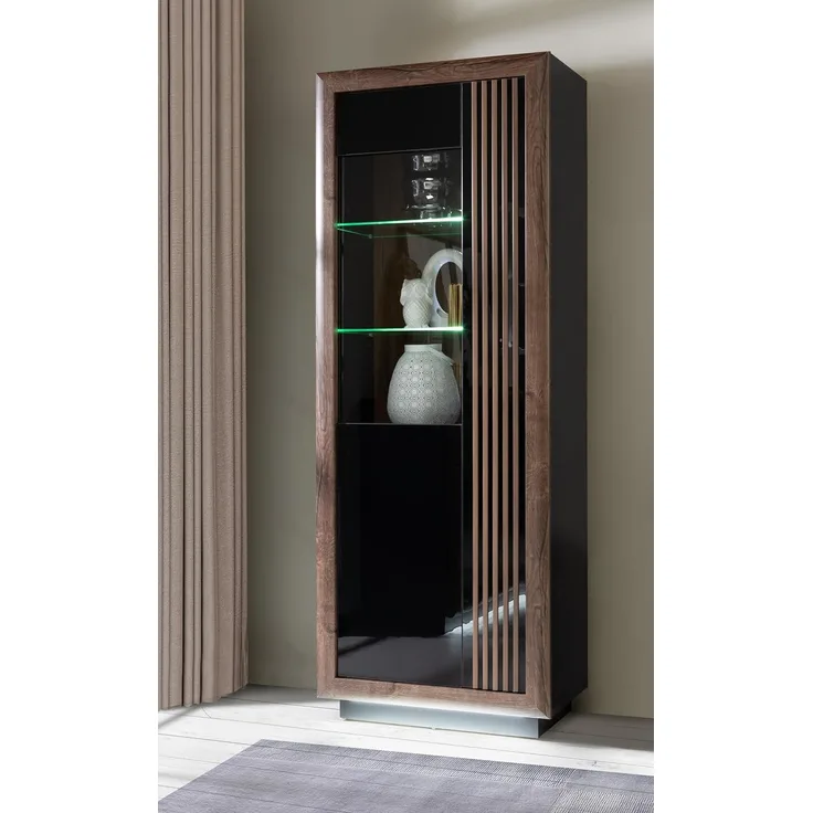 FORTE Savona Highboardvitrine mit LED Beleuchtung, Holzwerkstoff, Schwarz/Braun, 73,3 x 197 x 42,3 cm