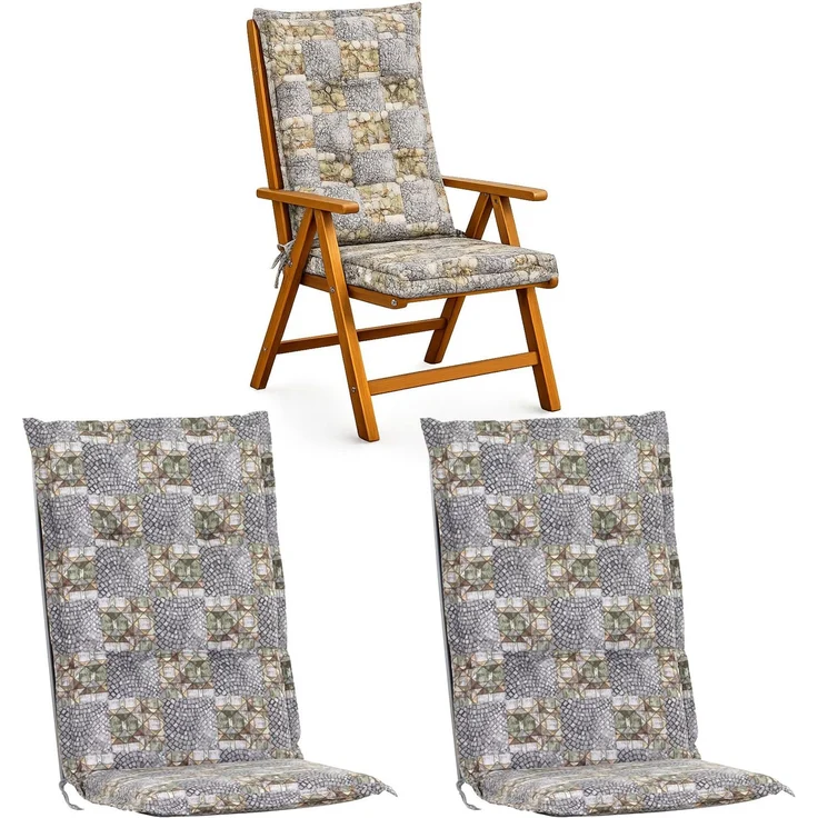 BURI 2x Auflagen Set Hochlehner für Gartenstühle 120x48x6cm Sesselauflagen Polster UV Lichtecht - Gartenstuhlauflagen Kariert Muster Stuhlkissen mit Dicker Schaumstoff Füllung (Graues Mosaik) – Bild 1