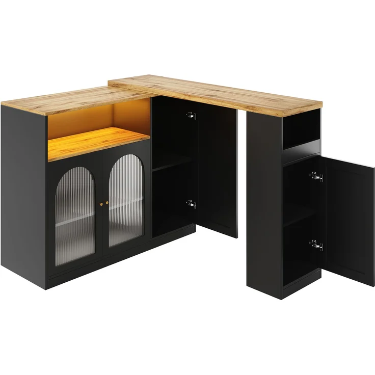 Um 360° drehbarer Bartisch (Hauptkörper: 198 x 39,6 x 97 cm), mattschwarzer Schrank mit Schreibtisch in Holzmaserung, mit Glasschranktür und LED-Licht, Sideboard, Weinschrank, Kaffeeecke--Schwarz--197x39.6x100cm--YOUDENOVA – Bild 7