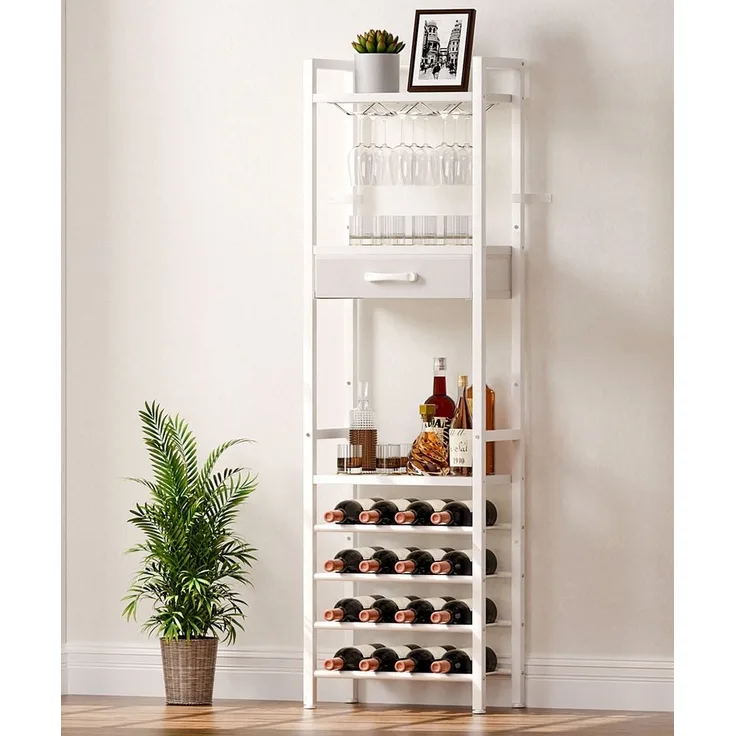Yorbay Weinregal Vintage Design,Weinständer aus Holz& Metall für 16 Flaschen, 15 Gläser Weinregal mit Ablagefläche und Schublade, für Küche, Wohnzimmer oder als Geschenk