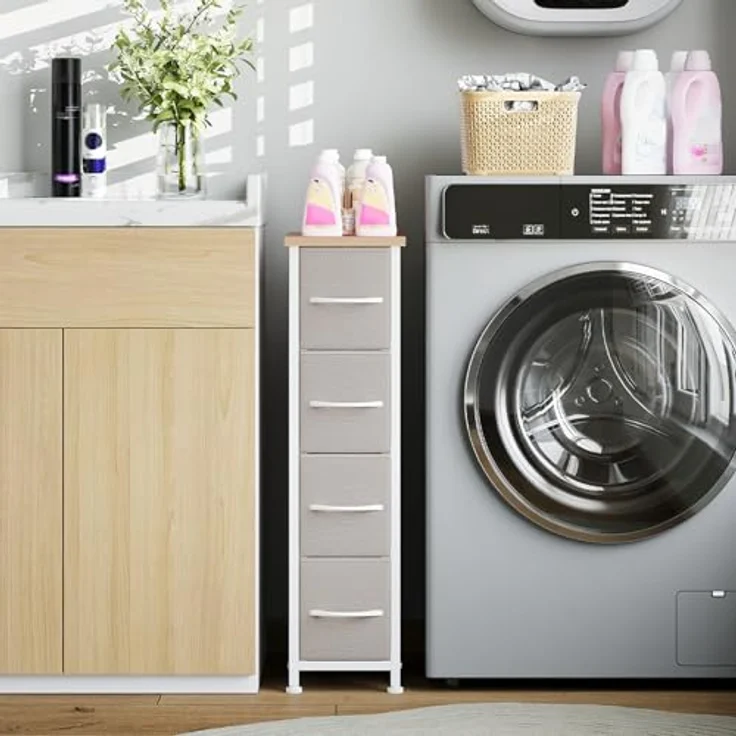 Somdot Kommode mit Schubladen, Kommode Schmal Schlafzimmer Wohnzimmer Flur, Komodenschrank Schubladenschrank Aufbewahrungsschrank Stoffkommode, 4 Stoffschubladen, Ashgrau, 48T x 20B x 75H cm – Bild 7