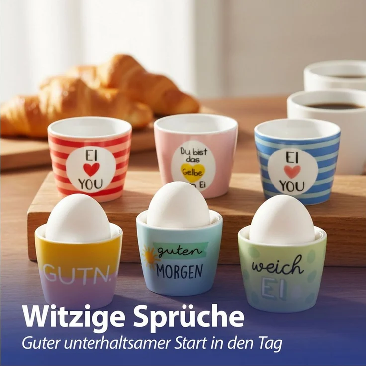CEPEWA Eierbecher Eierbecher 6er Set 6 Motive Steingut bunt 5x4cm Gute Laune Sprüche – Bild 4