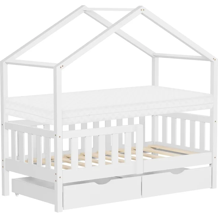 ML-DESIGN Spielbett Hausbett Kinderbett inkl. 2 Schubladen, Lattenrost und Rausfallschutz, Abenteuerbett 70x140cm mit Matratze Himmelbett Kiefer Jugendbett Weiß
