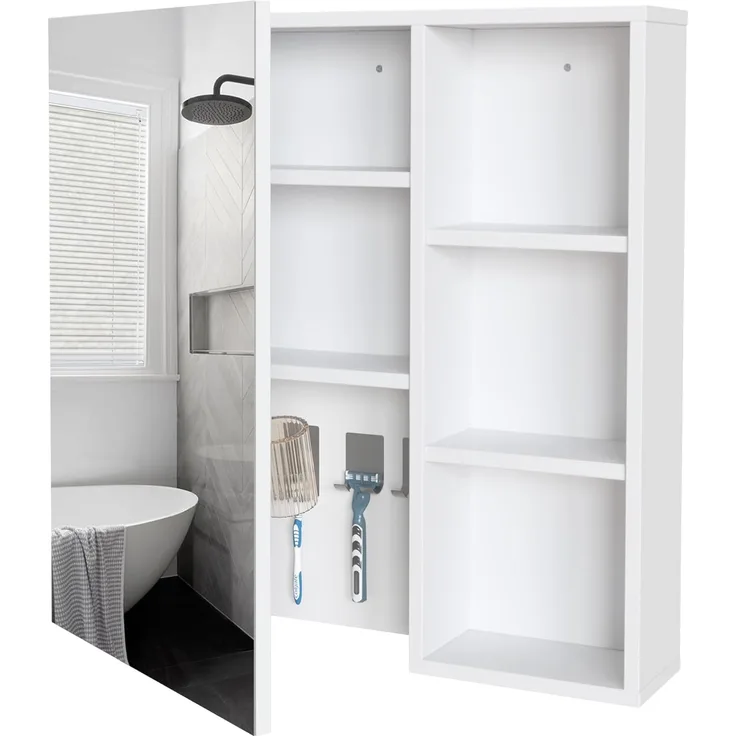 Mondeer Badezimmerspiegelschrank Badezimmerspiegel mit 1 Tür und 4 Haken verstellbare Ablagen, 65 x 15 x 65 cm, Weiß