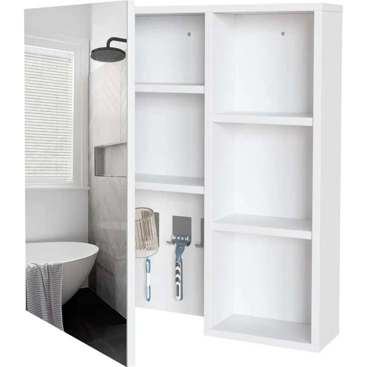 Mondeer Badezimmerspiegelschrank Badezimmerspiegel mit 1 Tür und 4 Haken verstellbare Ablagen, 65 x 15 x 65 cm, Weiß – Bild 1